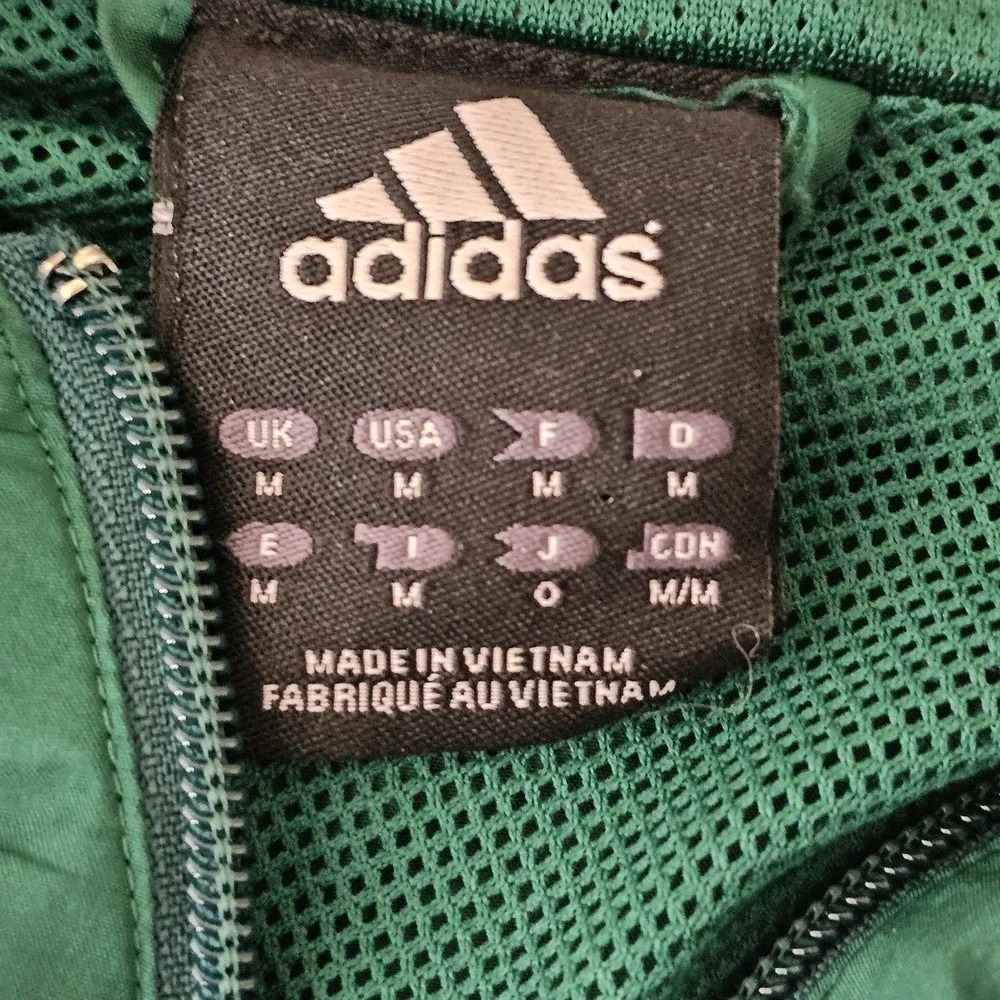 Adidas Jacket Mens Medium Green Full Zip Windbreaker Three Stripes Athletic Logo
